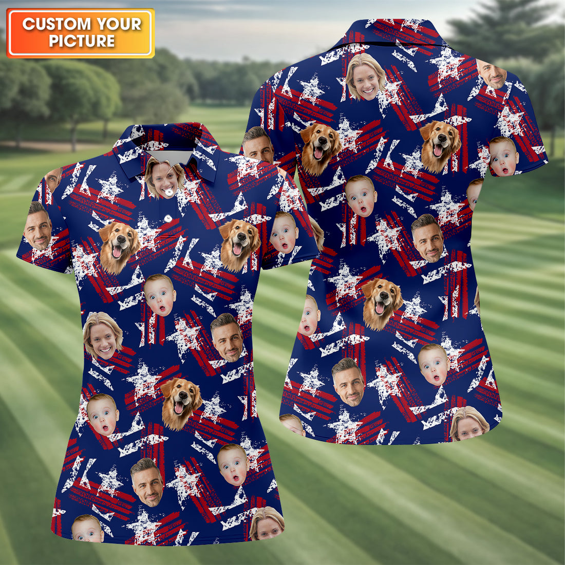 Custom Face Shirt, Patriotic Golf Polos, Golf Tops For Women, USA Golf Polo, Women's Golf Polo Shirt