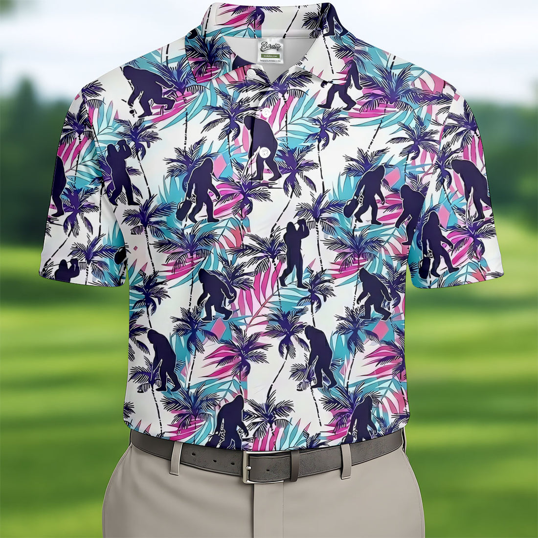 Funny Bigfoot Golfer Tropical Palm Pattern Polo Shirt, Golf Shirts For Men, Printed Golf Shirts