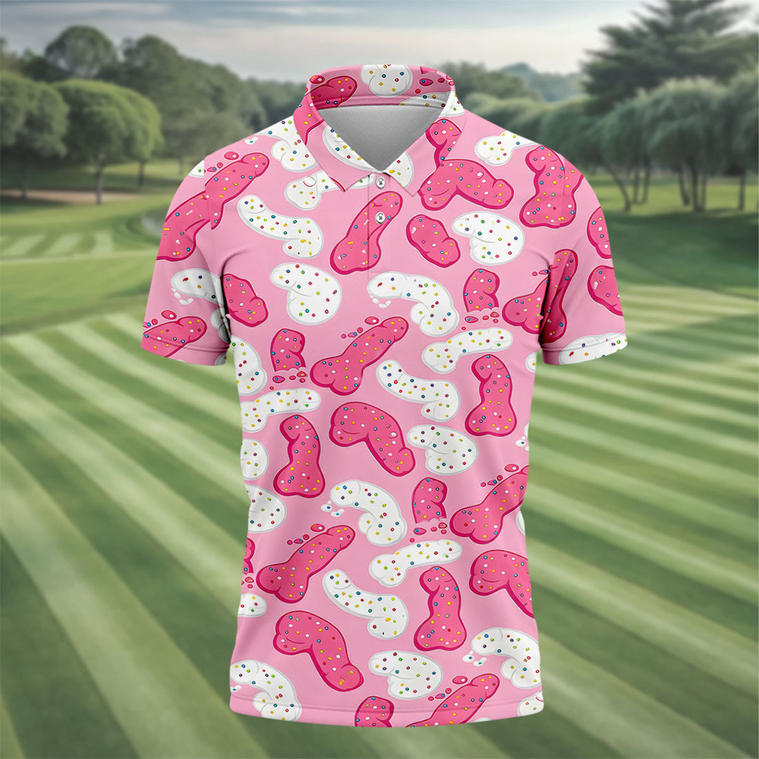 Pink Frosted Cookie Adult Novelty Golf Shirt, Polo Shirts For Men, Golf Apparel For Men