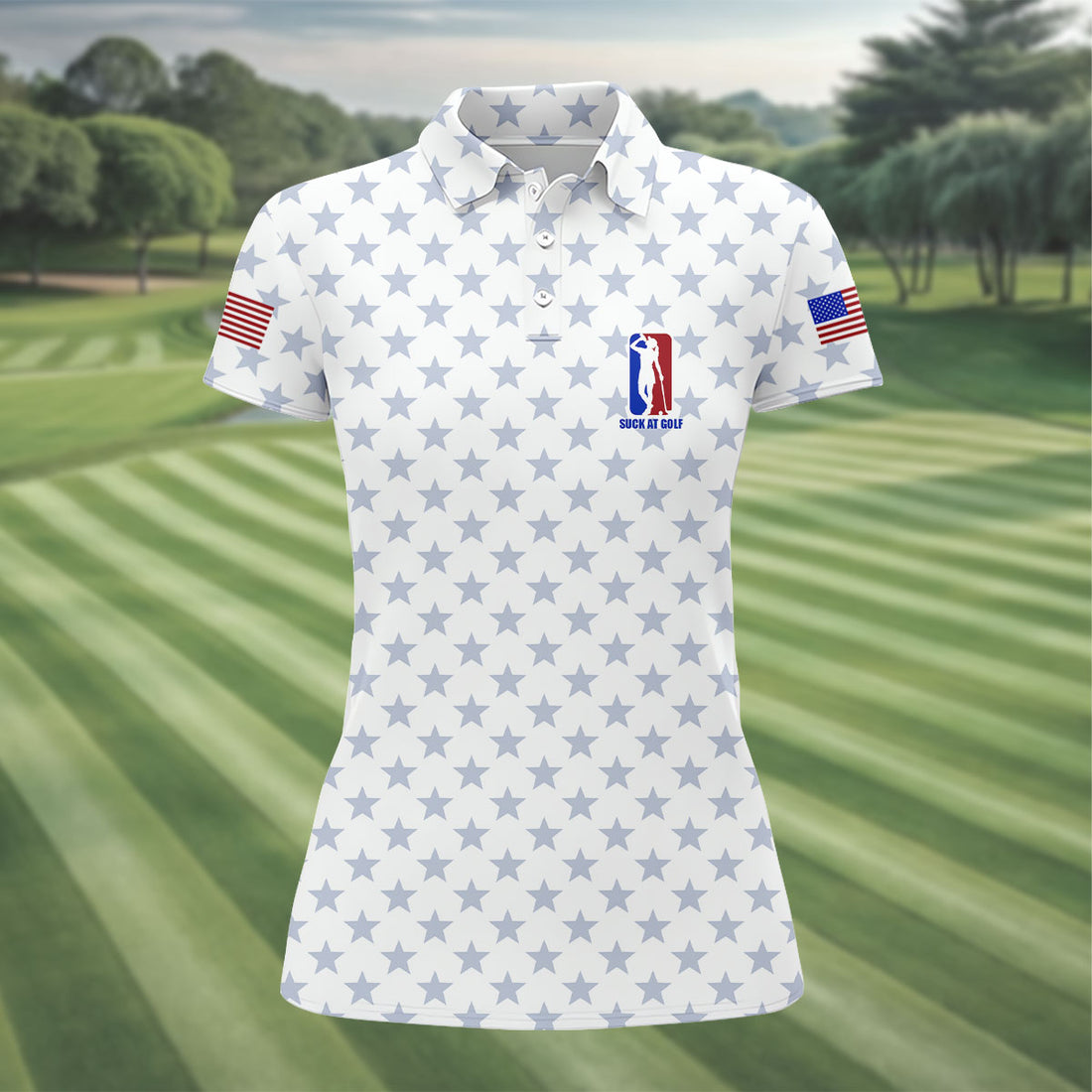 Suck At Golf Patriotic 4th Of July Stars Pattern White Golf Shirt, 250th Anniversary Golf Shirt For Women