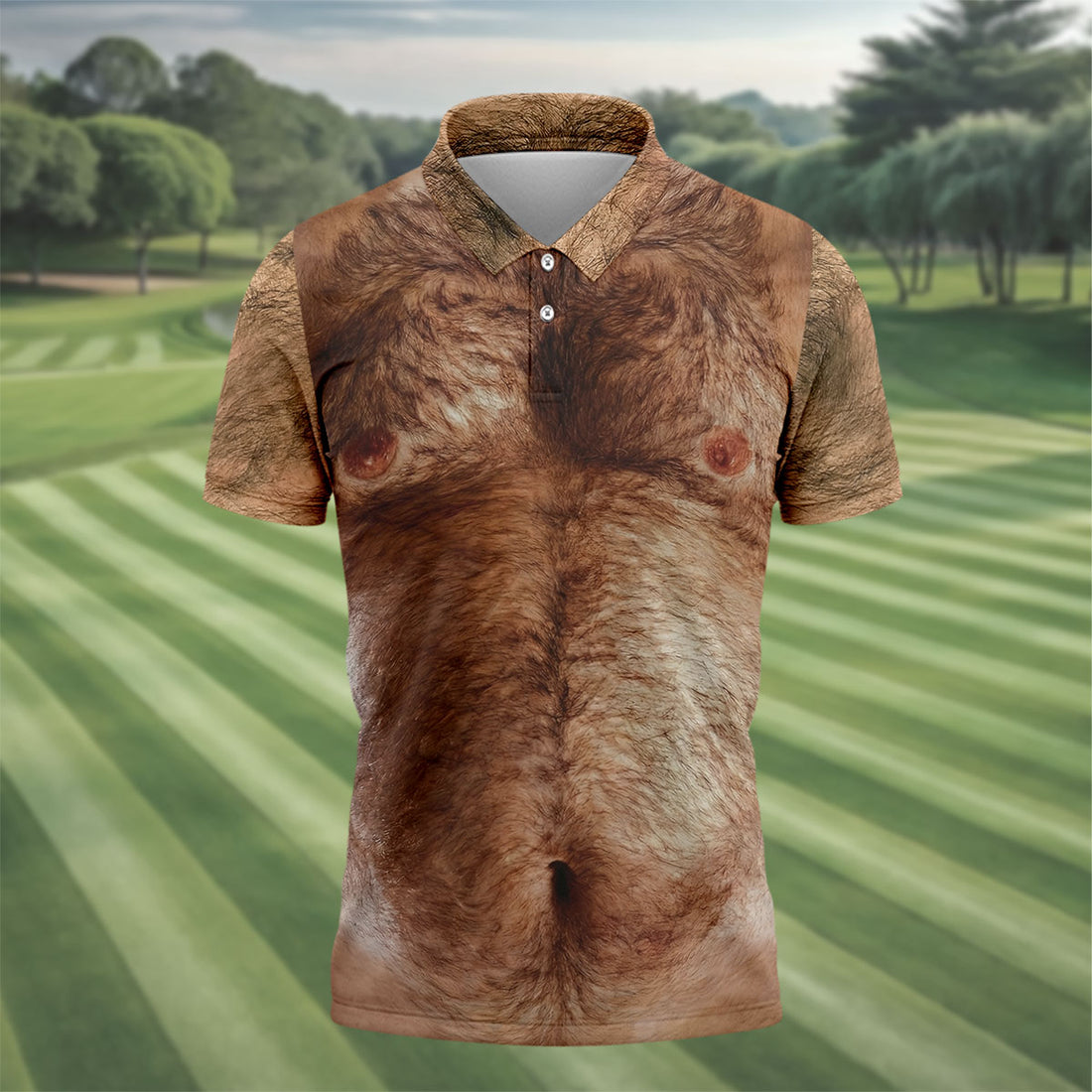 Realistic Hairy Chest and Back Body Hawaiian Golf Polo, Golf Tops For Men, Golfing Apparel
