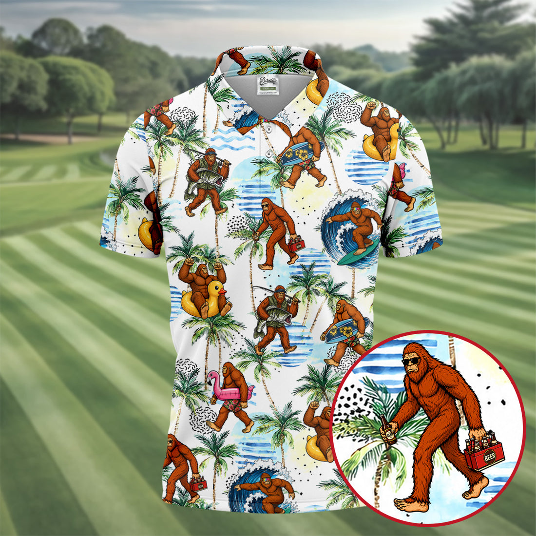 Tropical Bigfoot Surfing Fishing Beach Golf Shirt, Hawaiian Golf Shirt, Golf Apparel For Men, Mens Golf Shirts