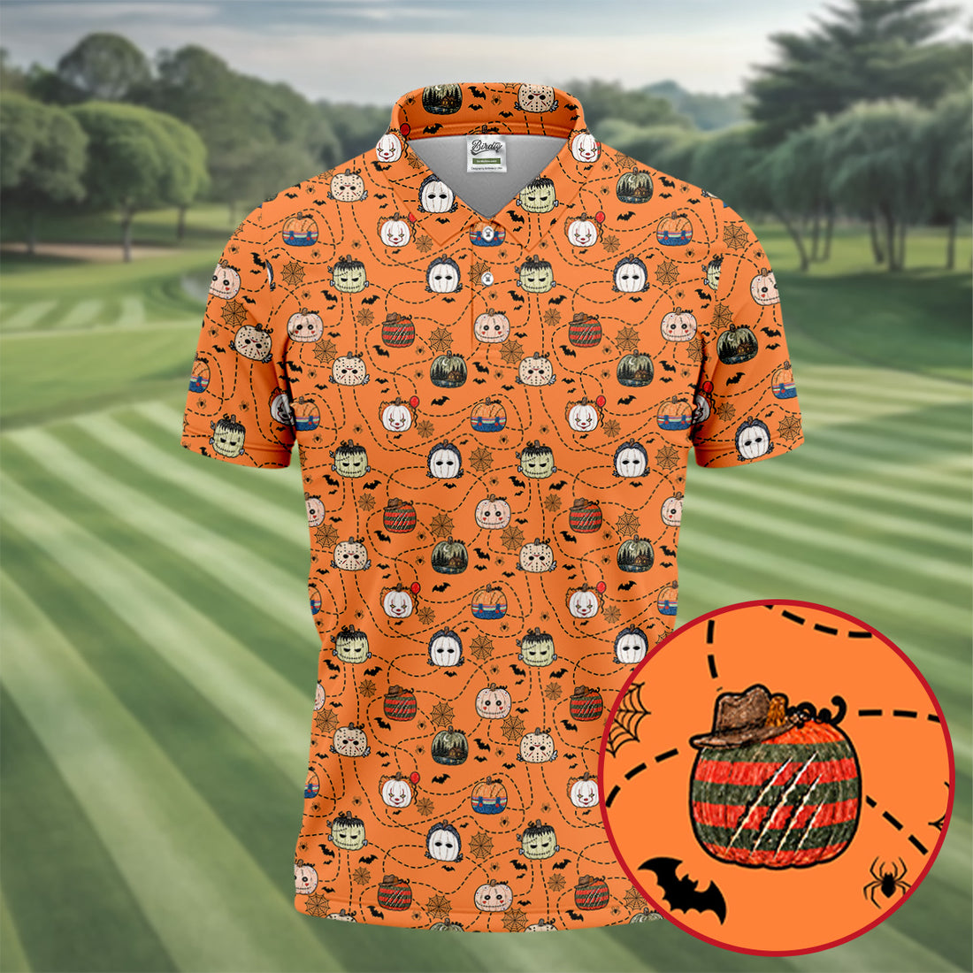 Orange Horror Character Pumpkin Halloween Polo Shirt, Printed Golf Shirts, Mens Golf Polo