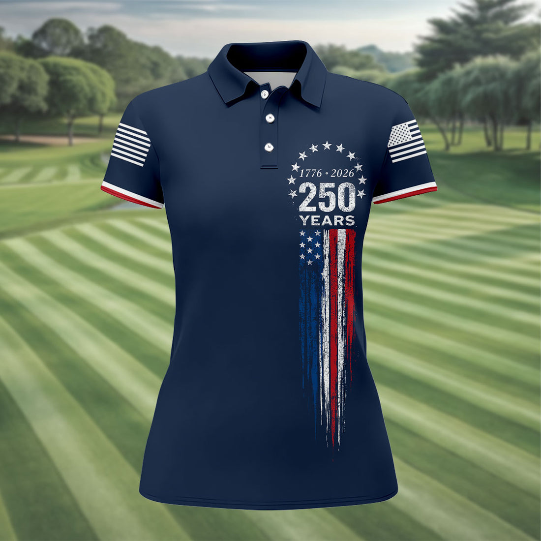 250 Years Celebration American Flag Women's 250 Years USA Patriotic Golf Shirt, 4th of July Golf Shirt
