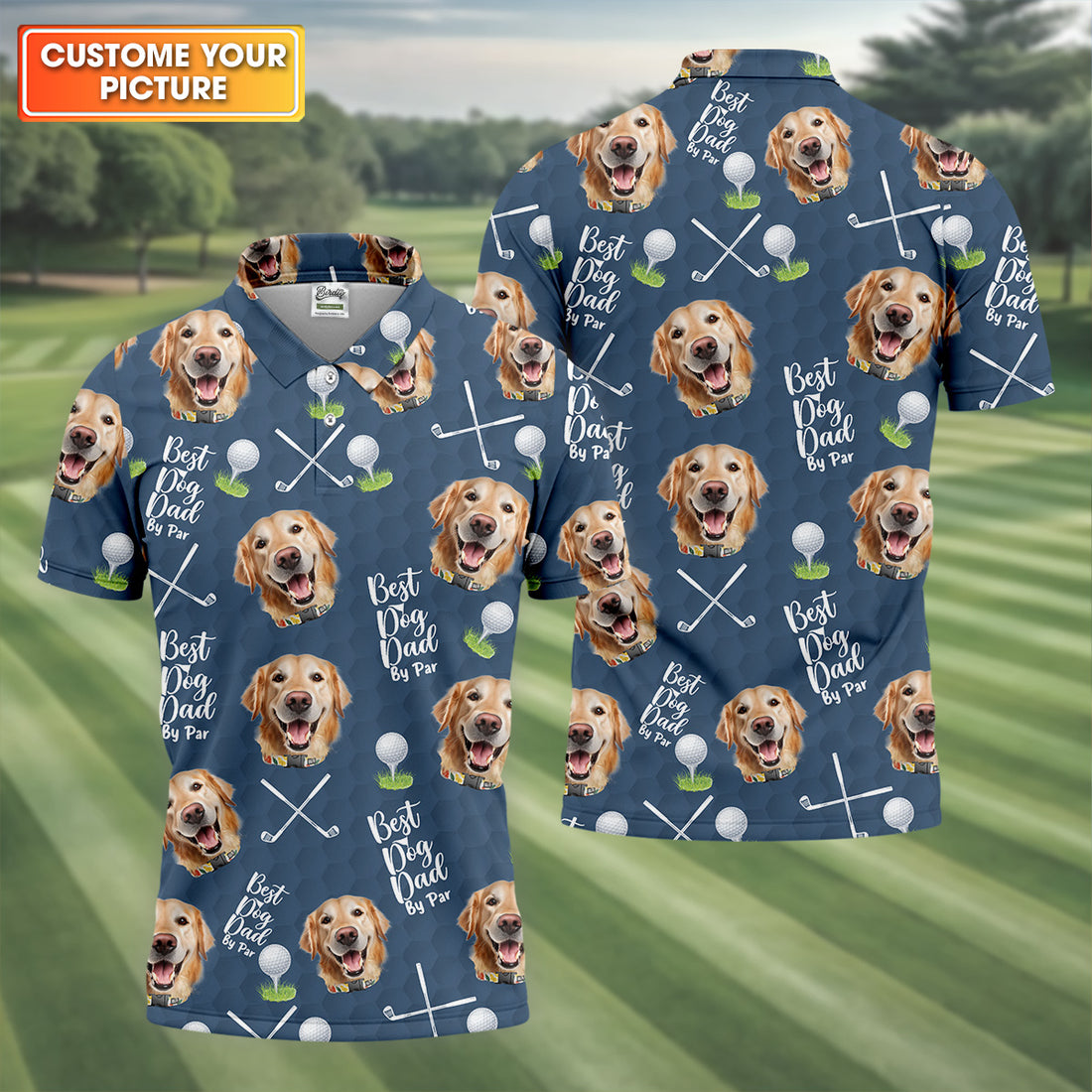 Best Dog Dad By Par Blue Custom Face Golf Shirt, Funny Golf Polo Shirt, Dad Golf Gifts