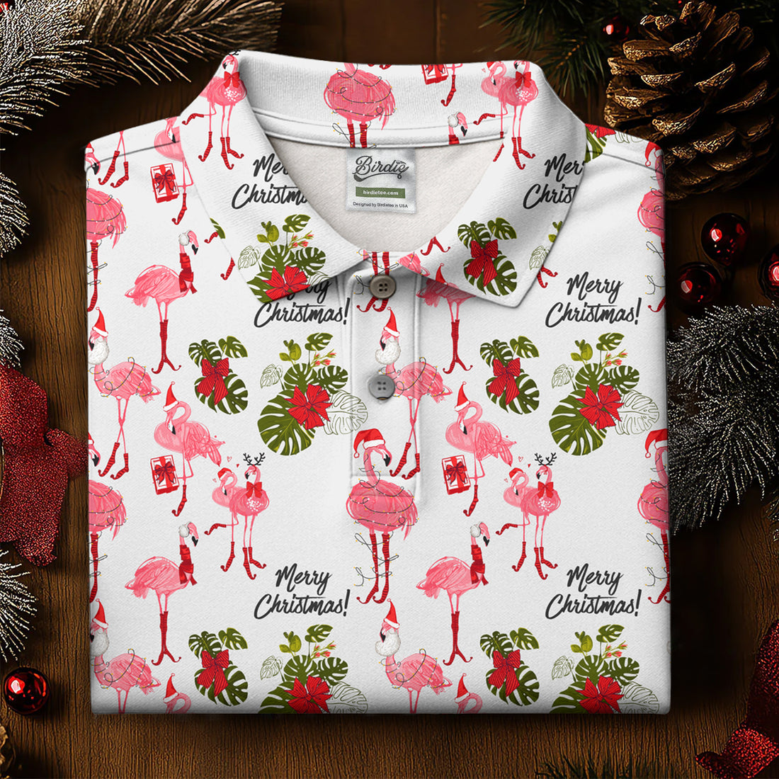Flamingo Merry Christmas Golf Shirt For Women, Christmas Golf Shirt Polos, Ladies Golf Apparel