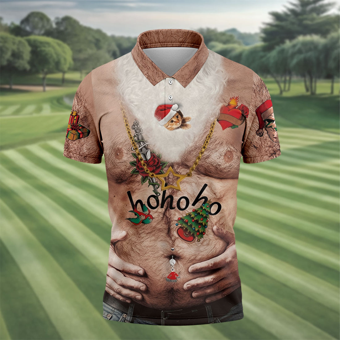 Men's Santa Beer Belly Costume Golf Shirt, Christmas Golf Shirt, Golf Apparel For Men