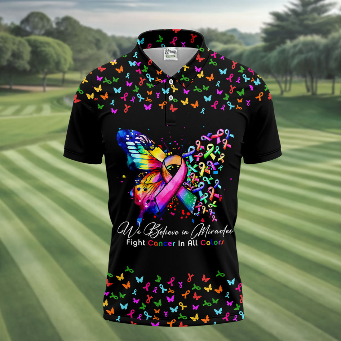 We Believe In Miracles Butterfly Breast Cancer Shirt, Mens Golf Polo, Printed Golf Shirts