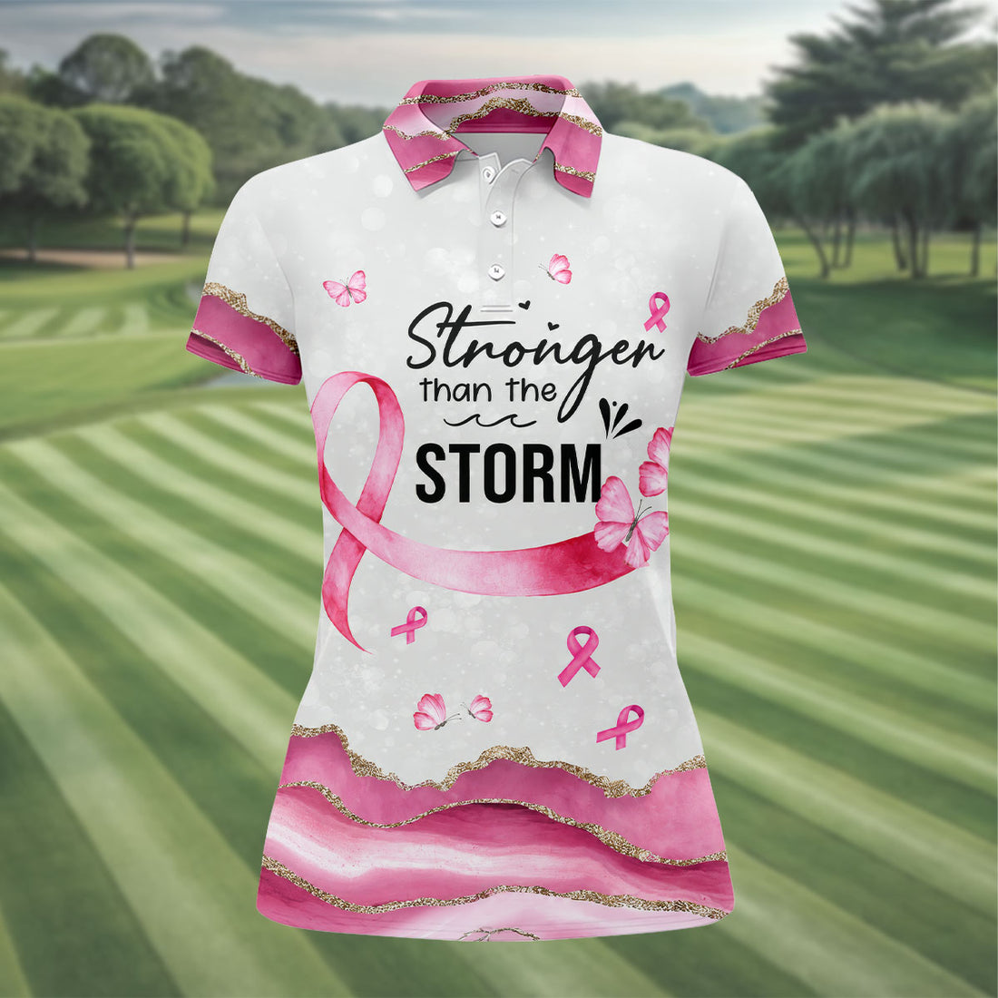 Stronger Than The Storm Breast Cancer Polo Shirt, Golf Tops For Women, Ladies Golf Top