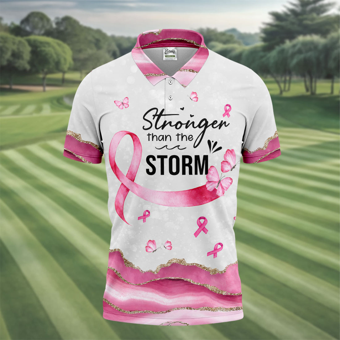 Stronger Than The Storm Breast Cancer Polo Shirt, Men's Golf Shirt, Printed Golf Shirts