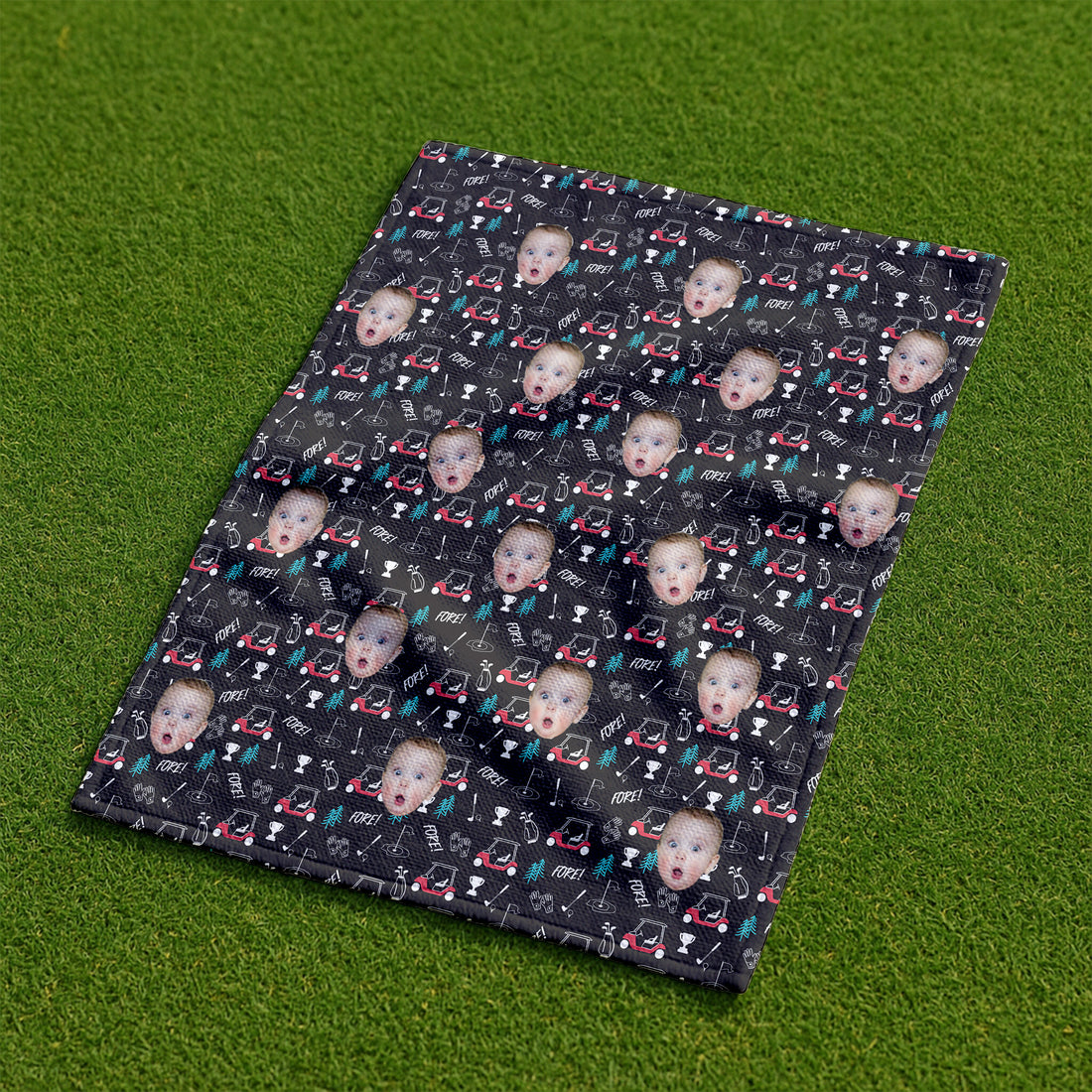 Fore! Golf Custom Face Black Small Funny Golf Towel, Golf Rag, Christmas Golf Gift