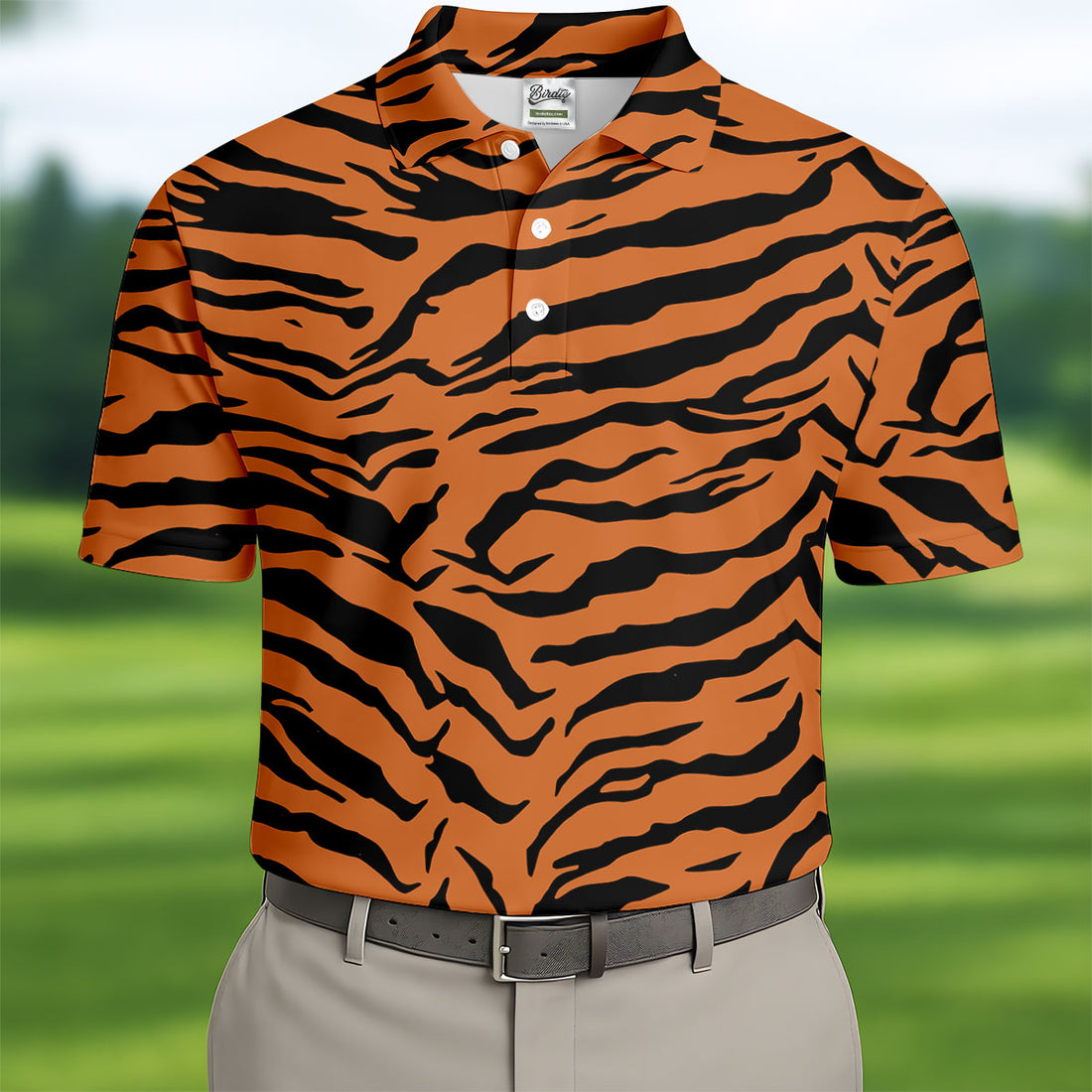 Bold Orange Black Tiger Stripe Animal Print Golf Shirt, Mens Golf Shirts, Golf Apparel For Men