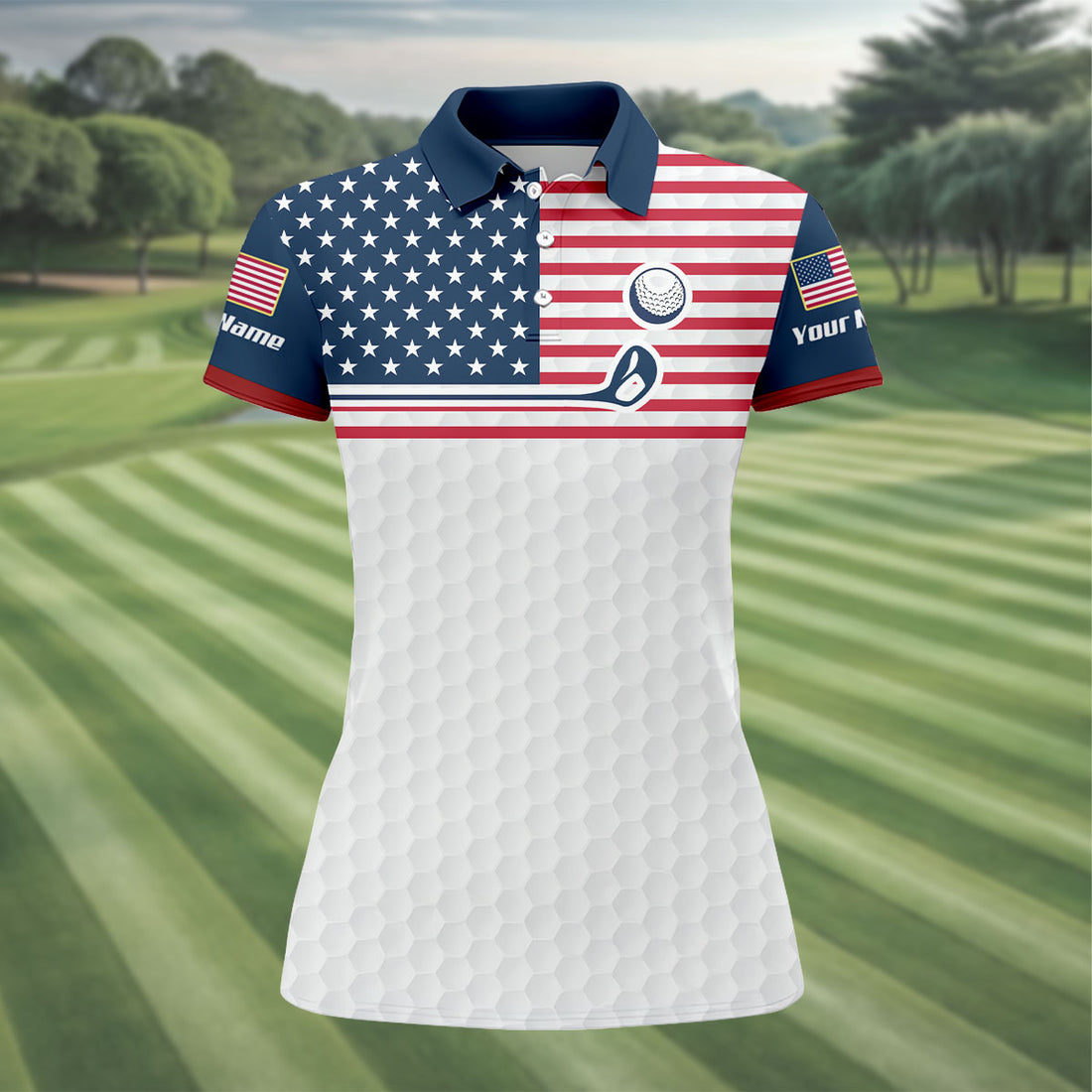 Patriot American Flag Golf Club Golf Ball Pattern Women's Golf Tops, 250th Anniversary Patriotic Golf Shirt