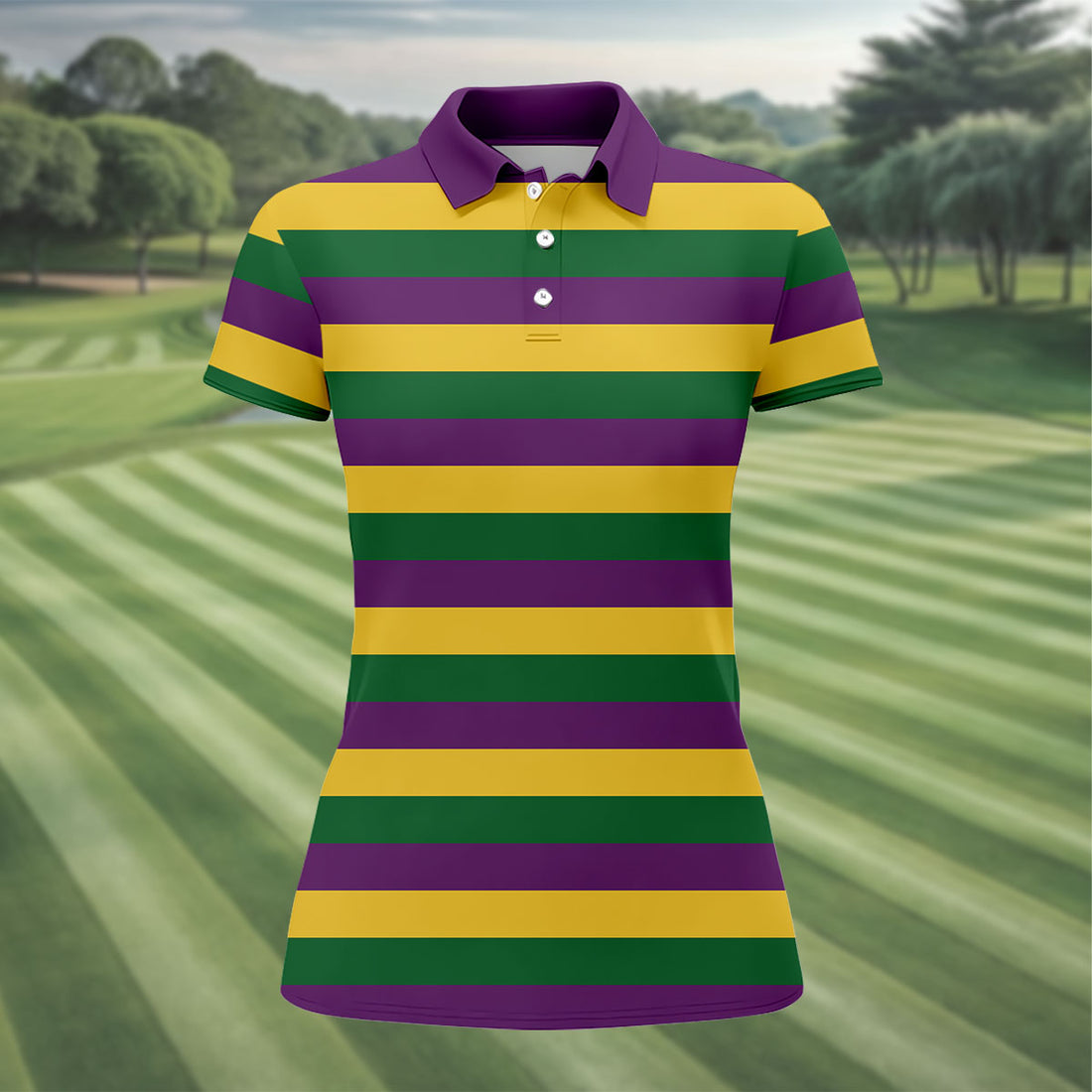 Gold Purple Green Mardi Gras Stripe Pattern Women Golf Top, Festive Ladies Golf Tops, Ladies Golf Shirts