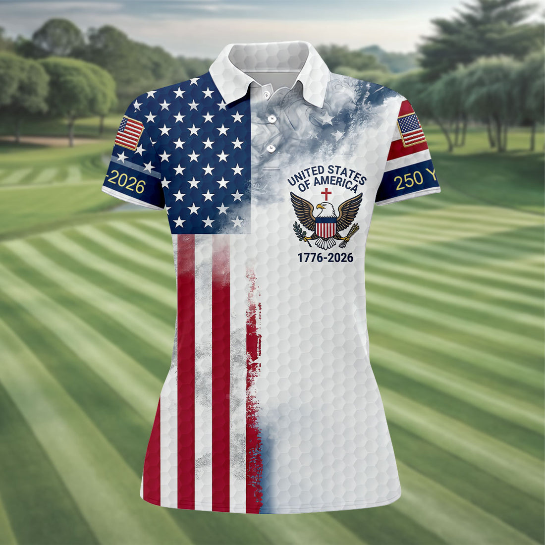 USA Flag Pattern 1776-2026 Distressed Vintage Golf Shirt, 250th Anniversary 4th Of July Women's Golf Tops
