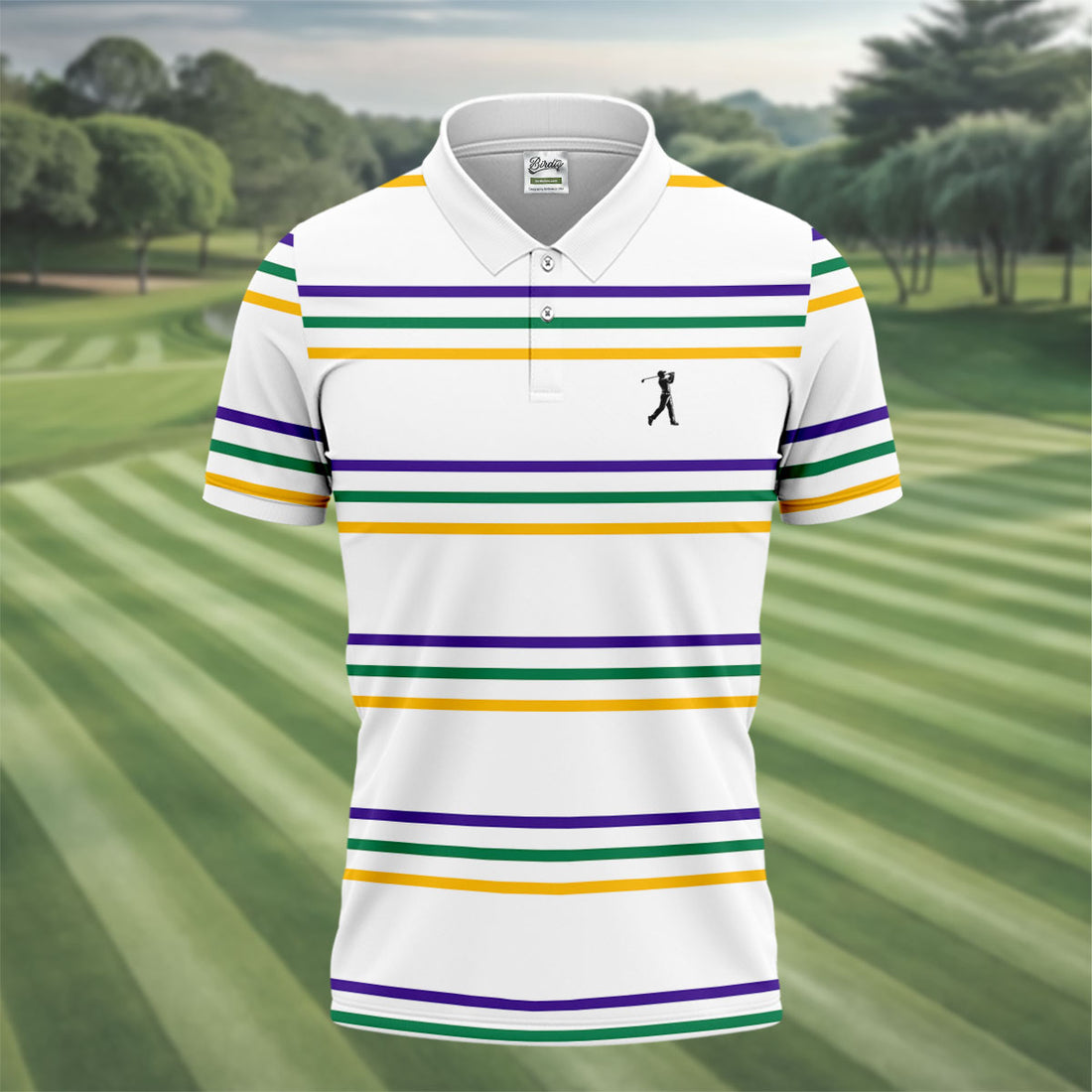 Mardi Gras Purple Green Gold Stripe Pattern Golf Tops For Men, Men's White Polo, Golf Shirts For Men