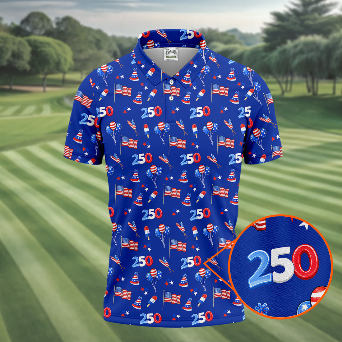 American Flags Balloon Hats Seamless Pattern 250th Anniversary Golf Shirts For Men, Patriotic Golf Shirt
