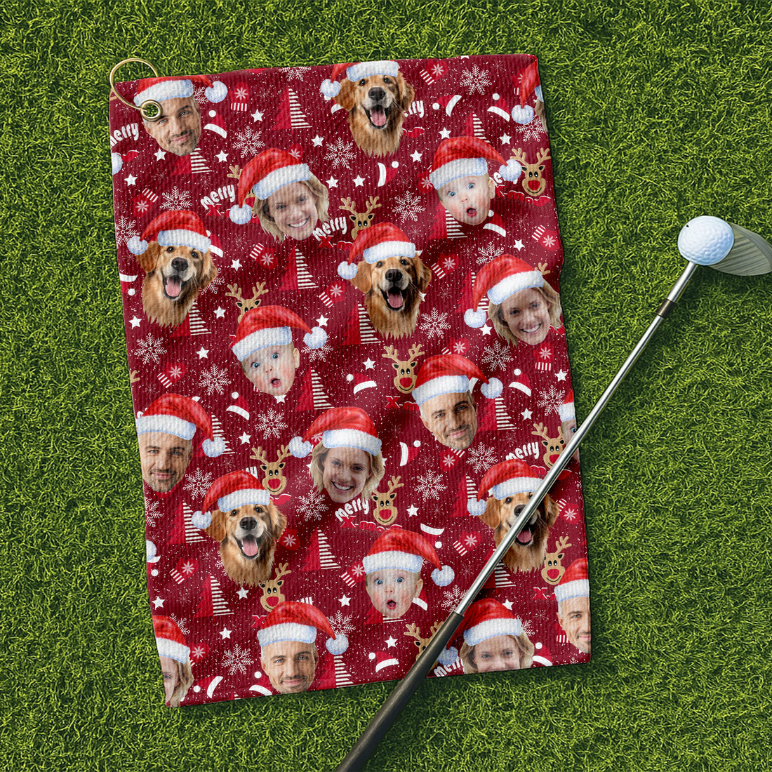 Custom Face Red Nose Reindeer Merry Xmas Red Golf Towel, Christmas Golf Gift, Golf Gift Idea