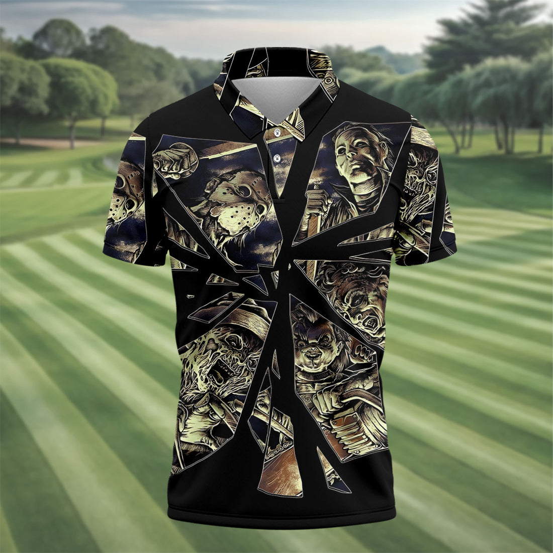 Broken Glass Horror Character Collage Halloween Shirt, Mens Golf Shirts, Hawaiian Golf Shirt
