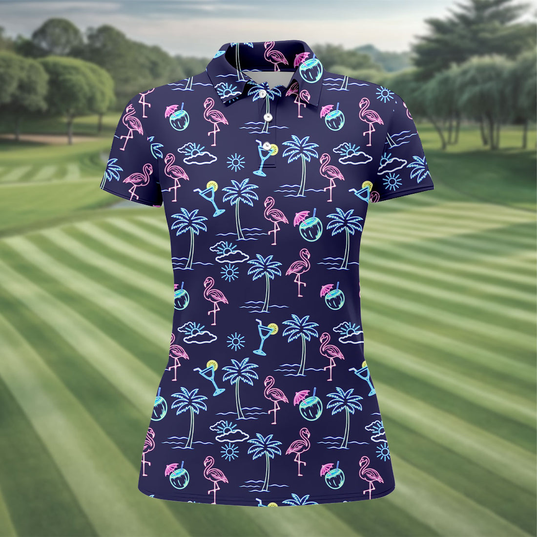 Neon Line Tropical Flamingo Hawaiian Golf Shirt, Golf Shirt For Women, Golfing Apparel