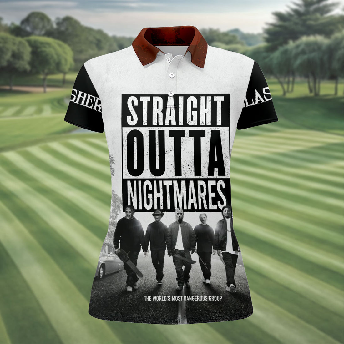 Straight Outta Nightmares Horror Character Halloween Shirt, Womens Golf Polo, Ladies Golf Shirts