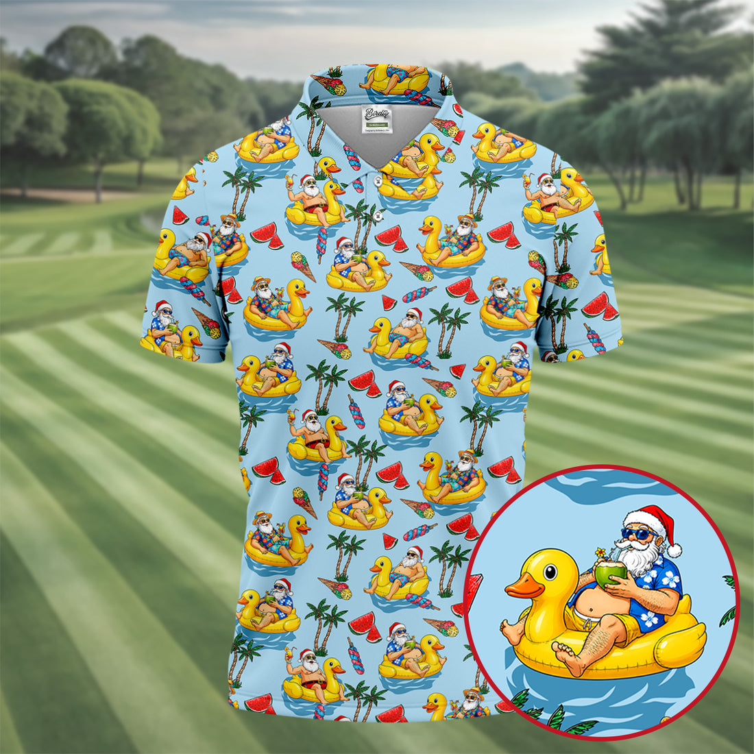 Men's Santa Duck Pool Float Hawaiian Golf Shirt, Christmas Golf Shirt, Golf Apparel For Men