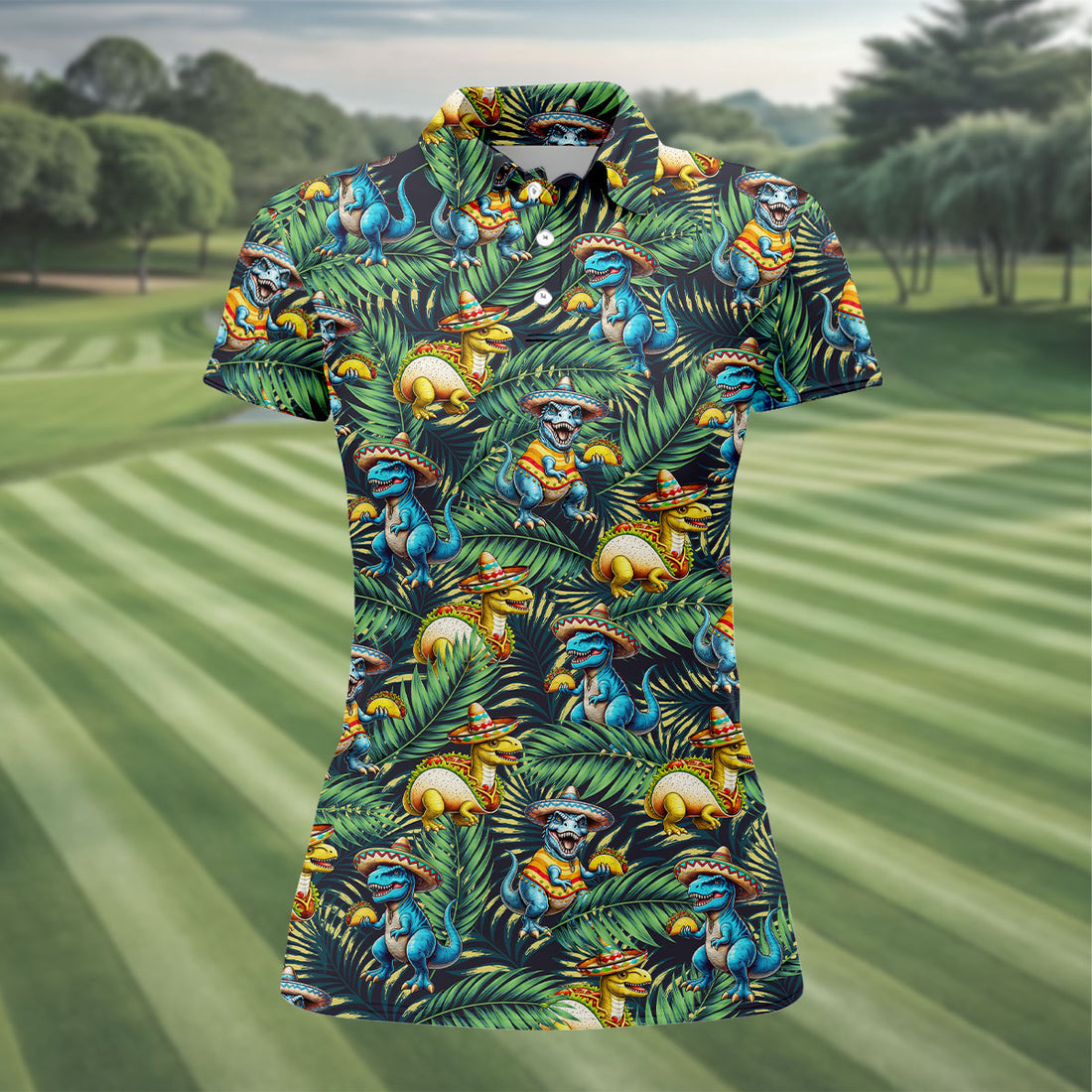Mexican Dinosaurs and Tacos Design Hawaiian Golf Polo, Golf Tops For Women, Golfing Apparel