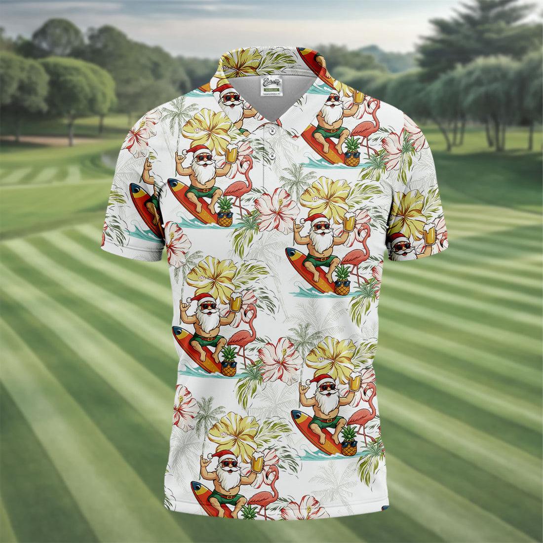 Surfing Santa Hawaiian Golf Shirt, Fun Men's Golf Polos, Christmas Golf Shirt, Golf Gift For Men