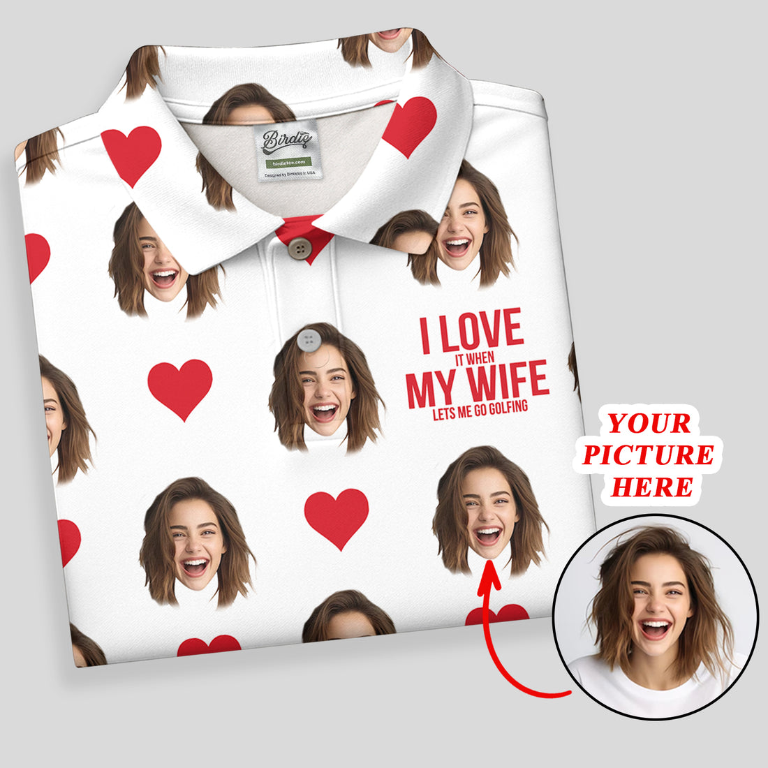 I Love My Wife Custom Photo White Golf Shirt, Valentines Golf Gift, Women Golf Top, Ladies Golf Polos