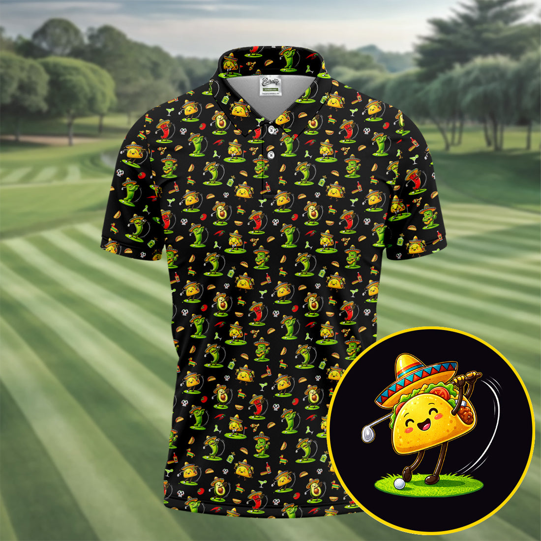 Mexican Cartoon Food Characters Cinco De Mayo Celebration Fiesta Themed Black Golf Shirts For Men