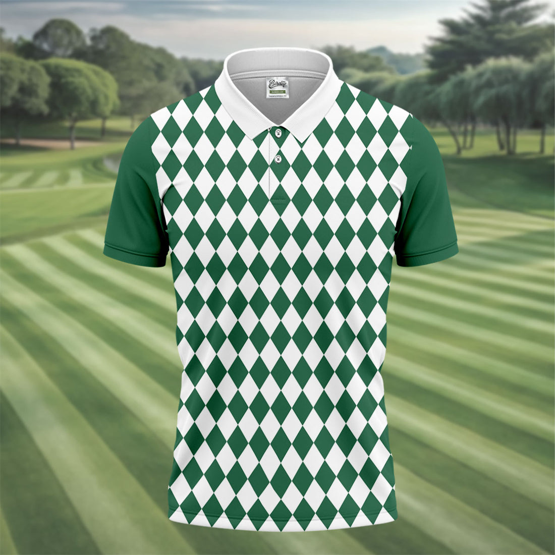 Green And White Argyle Pattern Retro Golf Shirt, Golf Tops For Men, Golf Shirts For Men, Polo For Men