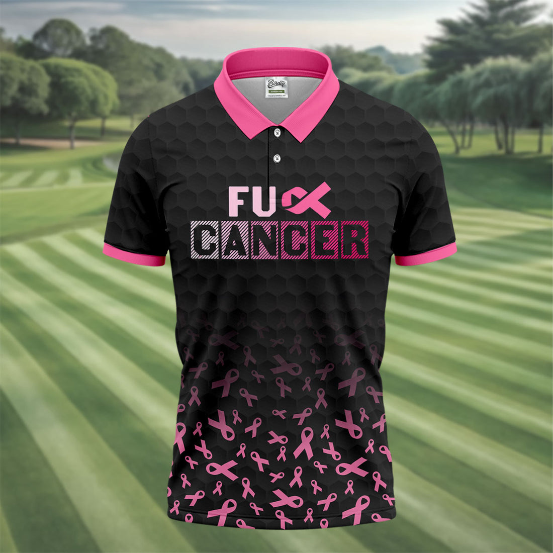 Fuck Cancer Black Pink Ribbon Breast Cancer Polo Shirt, Men's Golf Shirt, Mens Golf Polo