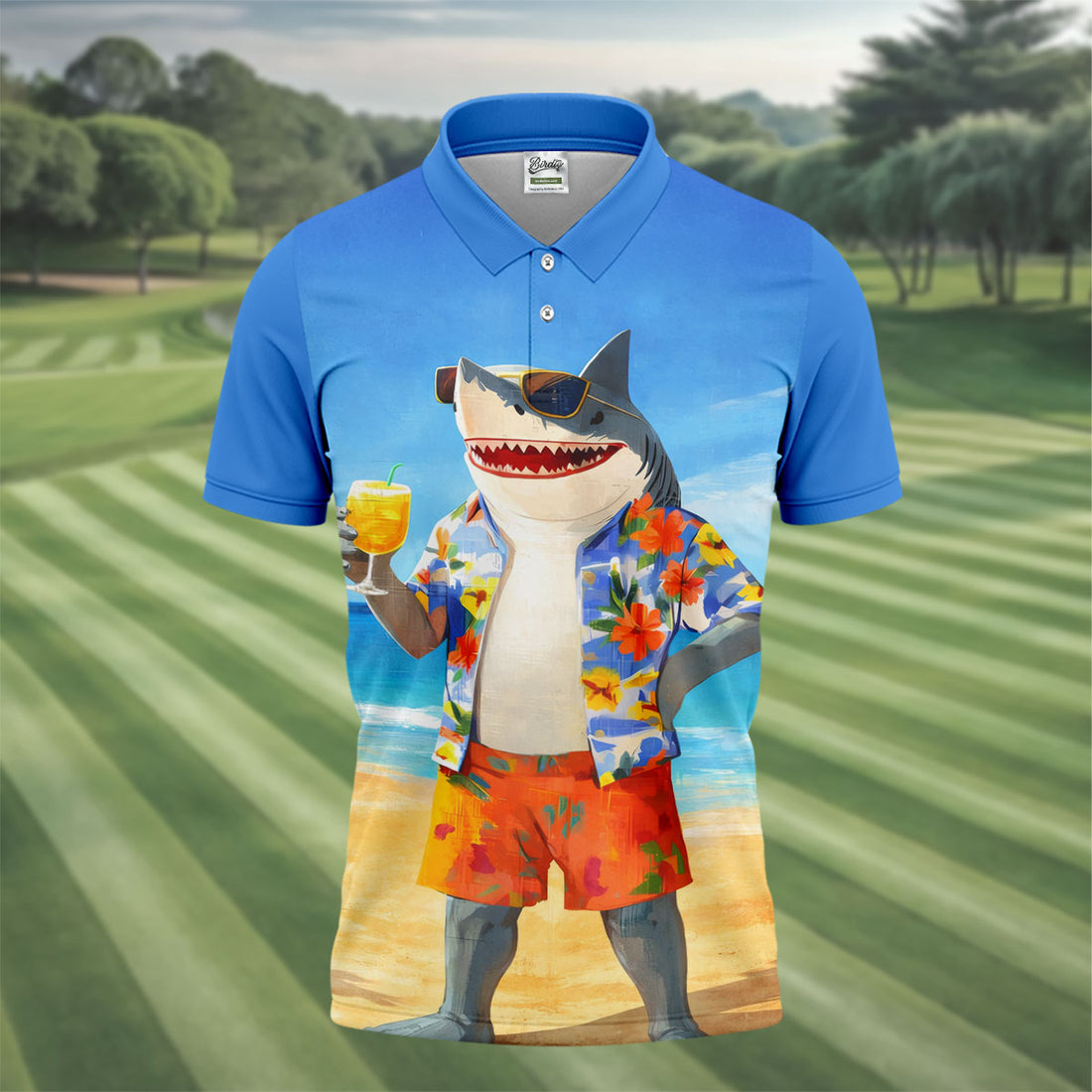 Funny Shark On Tropical Beach Vacation Golf Polo Shirt, Golf Shirts For Men, Hawaiian Golf Shirt
