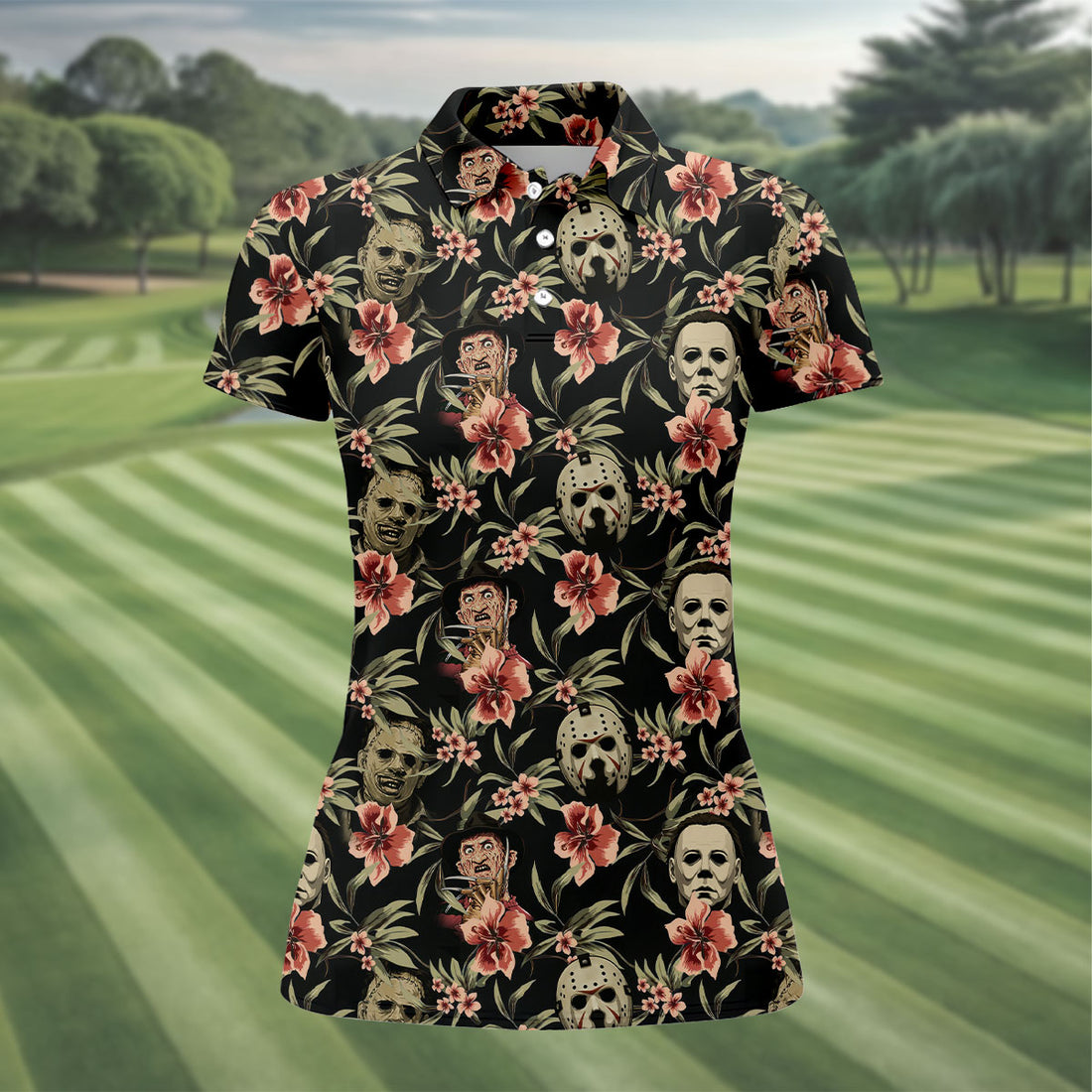 Horror Face Dragon Hawaiian Golf Shirt, Retro Golf Shirt, Women's Golf Tops, Ladies Golf Shirts