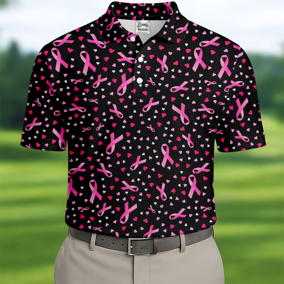 Black Pink Ribbon Heart Breast Cancer Polo Shirt, Golf Shirts For Men, Mens Golf Apparel