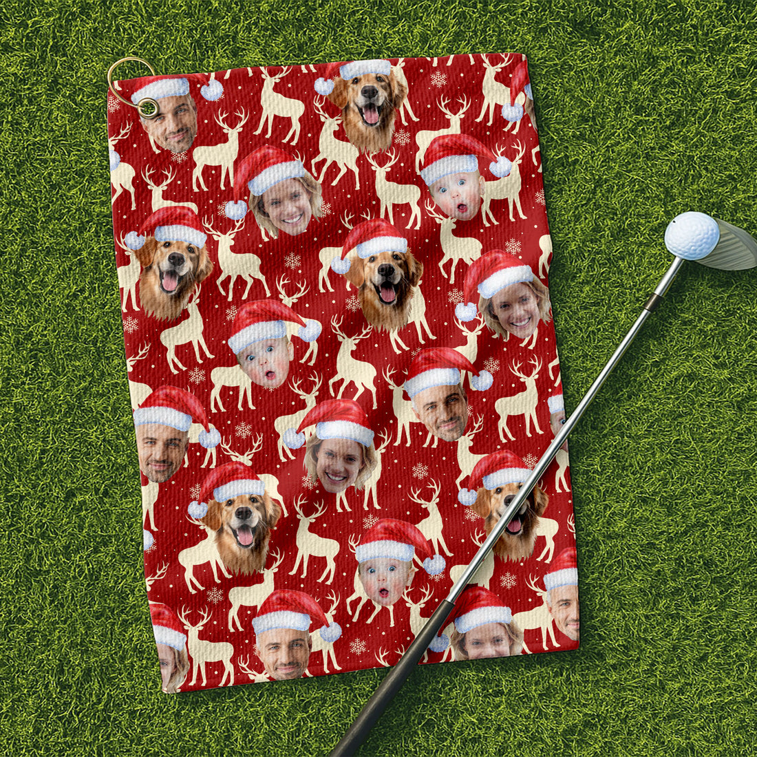 Custom Face Reindeer Pattern Beige And Red Golf Towels, Christmas Golf Gift, Custom Golf Accessories