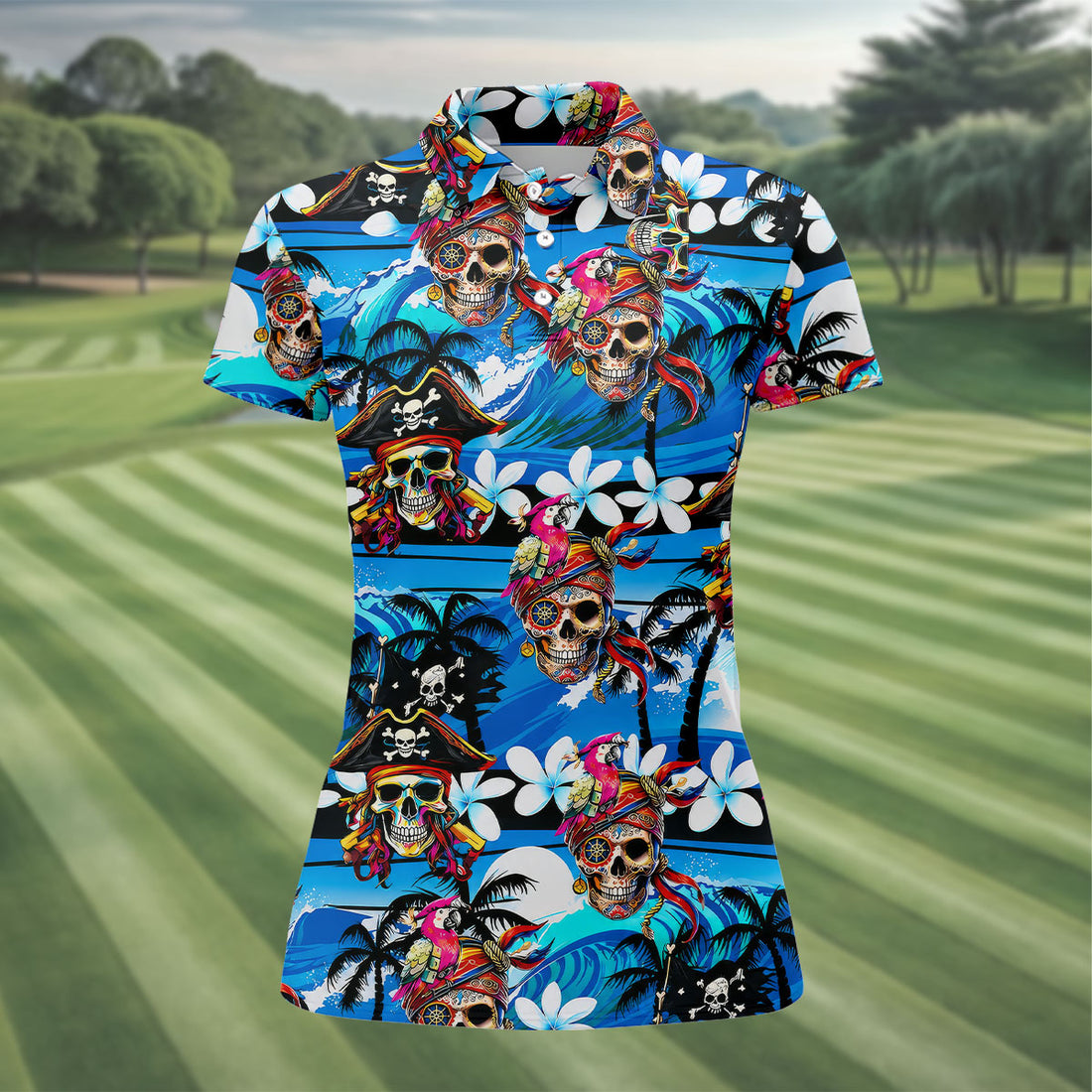 Pirate Skull Tropical Theme Hawaiian Golf Shirt, Fun Halloween Women's Golf Tops, Ladies Golf Shirts