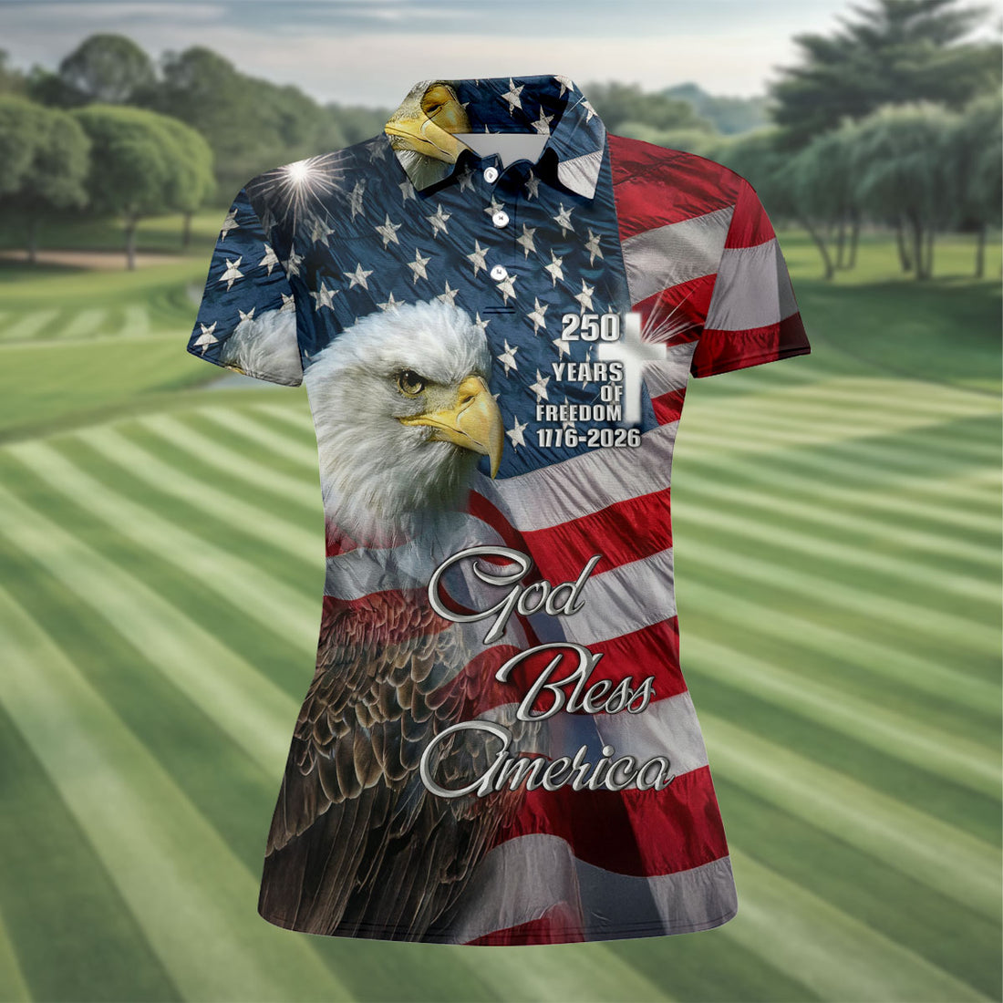 America 250 Years of Freedom Woman's Polo Shirt, God Bless America Christian Golf Shirt, Patriotic Bald Eagle US Flag 4th of July Polo