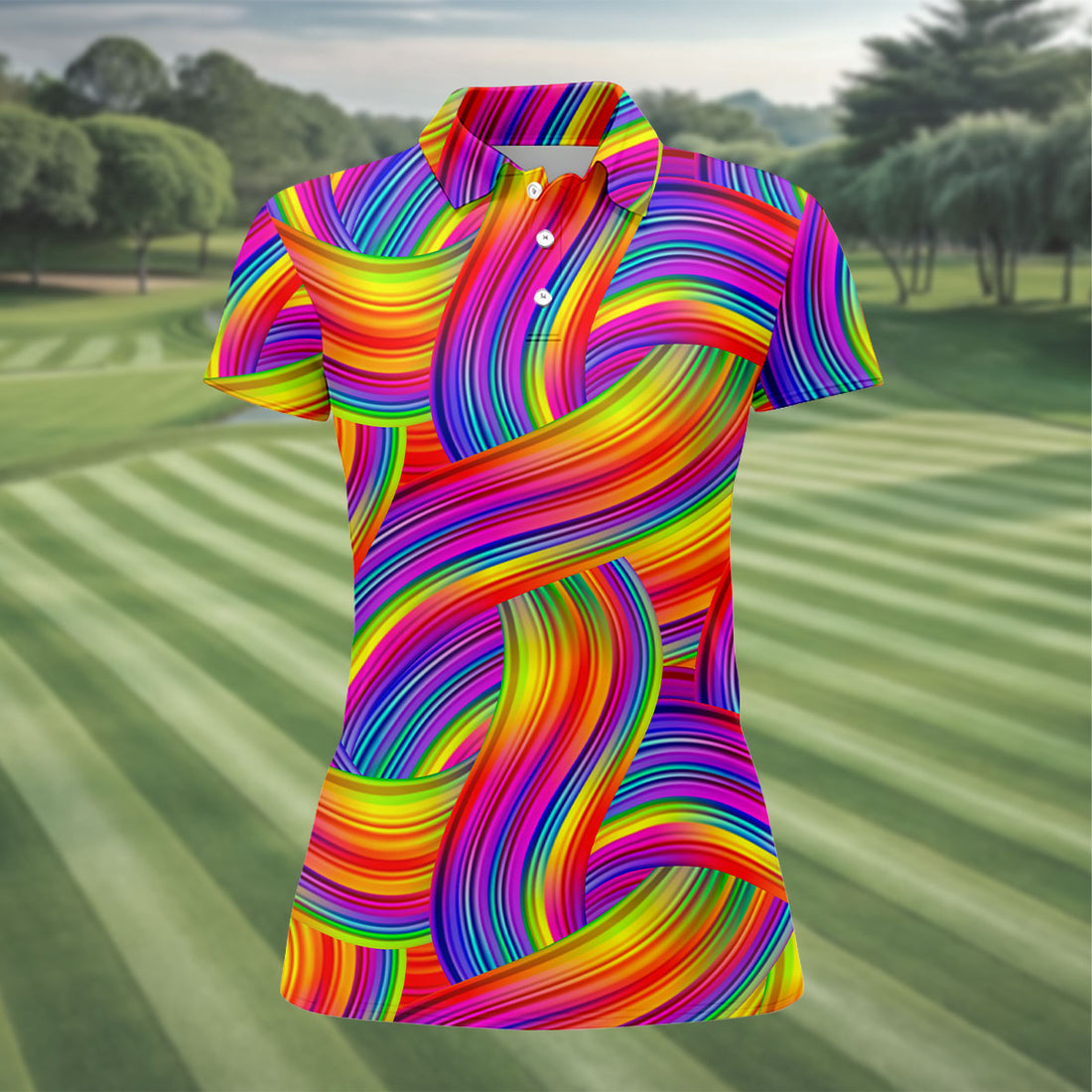 Rainbow Waves Hawaiian Golf Shirt, Vivid Color Women's Golf Tops, Ladies Golf Shirts