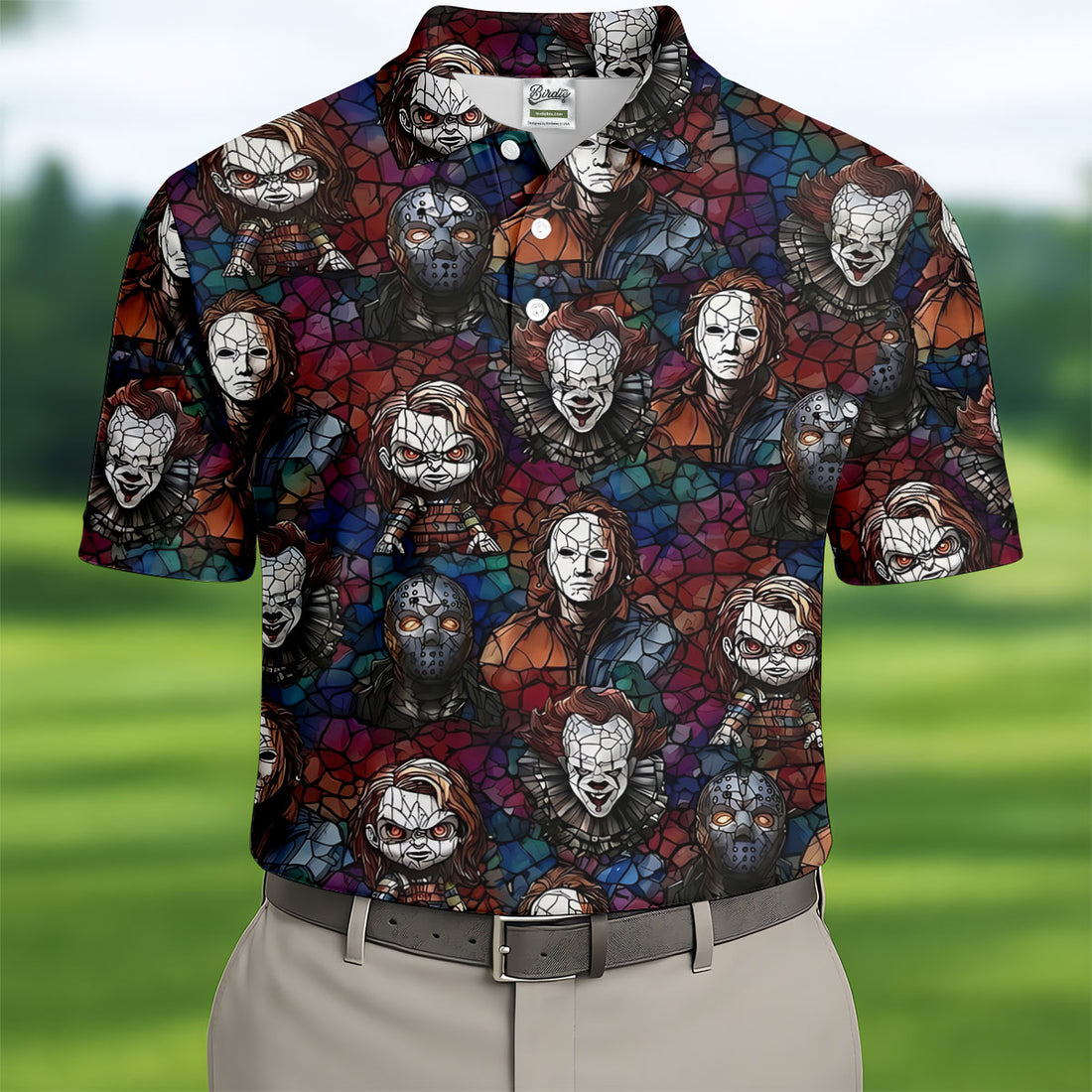 Stained Glass Horror Character Halloween Golf Shirt, Mens Polo Shirts, Golf Apparel For Men