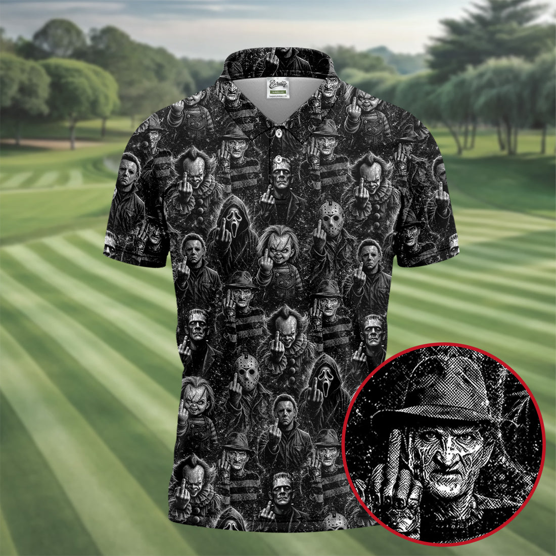 Horror Character Villains Pattern Halloween Polo Shirt, Men's Golf Shirt, Hawaiian Golf Shirt
