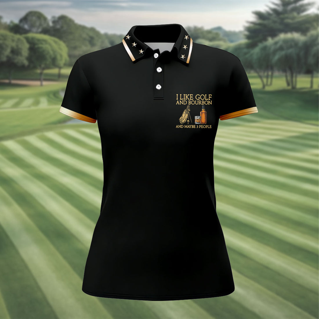 I Like Golf And Bourbon Black Golf Shirt, Fun Women's Golf Shirts, Golf And Whiskey Ladies Golf Shirts