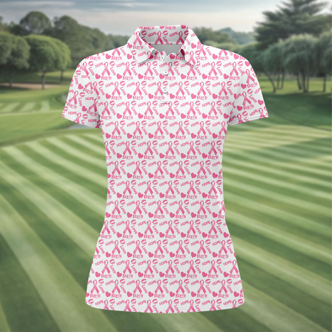 Hope Love Faith Pink Ribbon Breast Cancer Golf Shirt, Women’s Golf Polo, Ladies Golf Top
