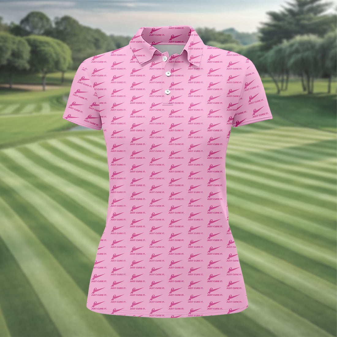Just Cure It Pink Ribbon Breast Cancer Golf Shirt, Women’s Golf Polo, Ladies Golf Top
