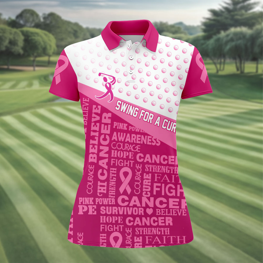 Custom Swing For A Cure Breast Cancer Polo Shirt, Golf Tops For Women, Printed Golf Shirt