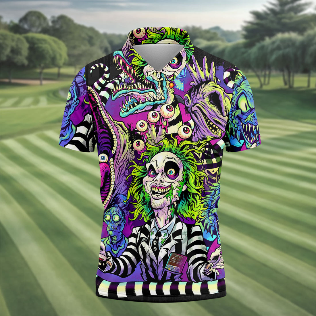 Neon Horror Character Monster Collage Halloween Shirt, Mens Polo Shirts, Golf Apparel For Men