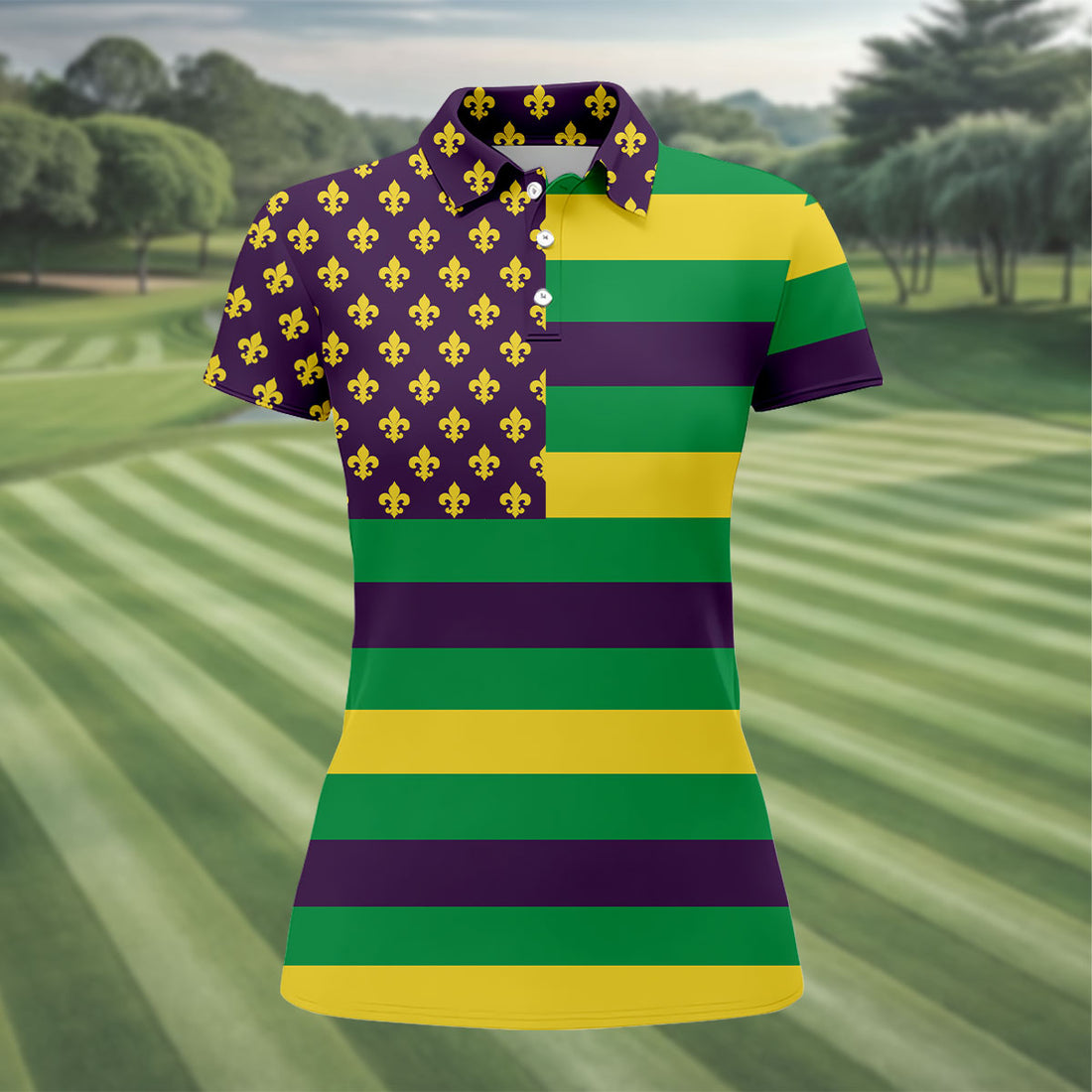 Mardi Gras Flags Fleur De Lis Purple Green Gold Ladies Golf Tops, Women's Golf Tops, Ladies Golf Polos