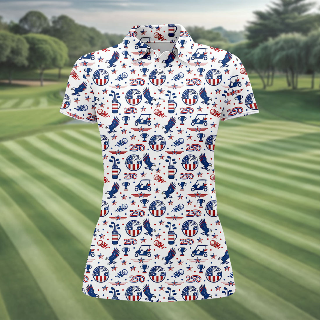 Bald Eagle American Flag Golf Pattern 4th Of July Women Golf Top, 250th Anniversary Patriotic Golf Shirt