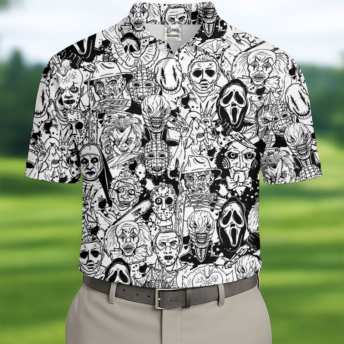 Black White Horror Character Sketch Golf Shirt, Mens Golf Polo, Halloween Golf Shirt