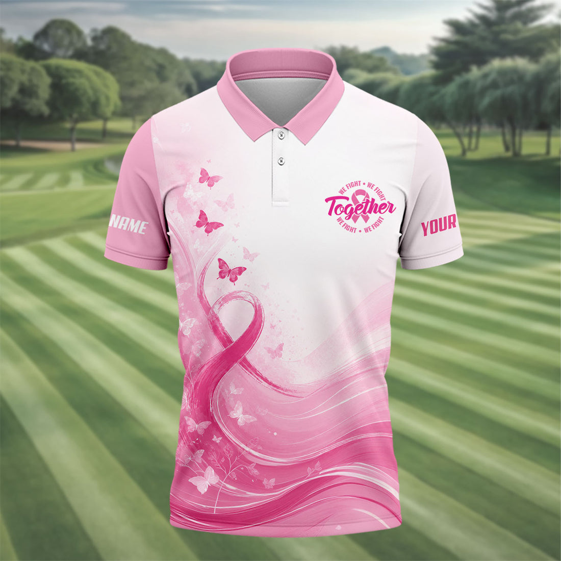 Custom Together We Fight Butterfly Breast Cancer Polo Shirt, Mens Golf Polo, Printed Golf Shirts